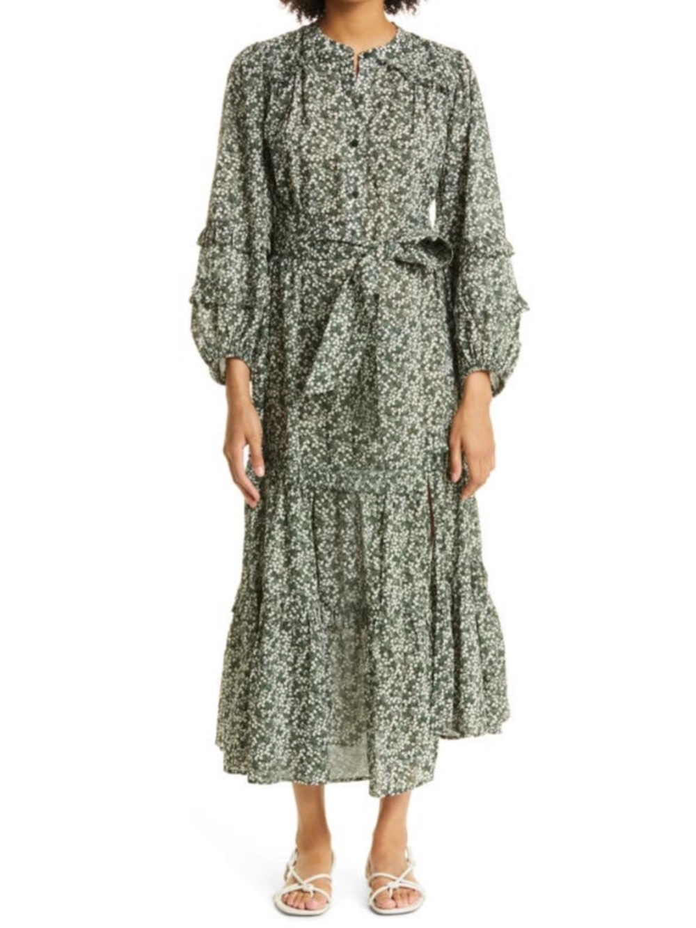 Apiece Apart Gracia Flamenca Tiered Long Sleeve Maxi Dress In Deep Sage Size L